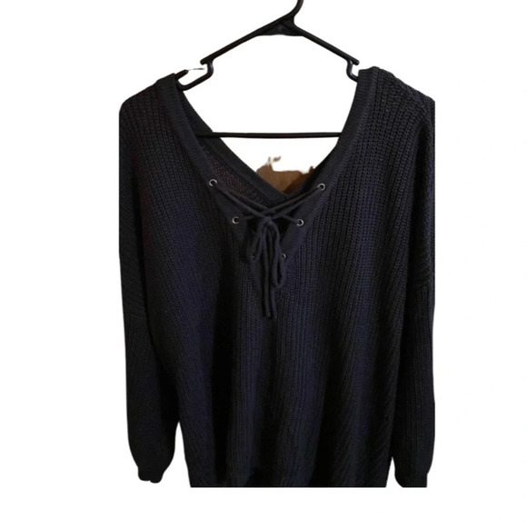 Altar'd State Lace up Double VNeck Dark Gray Oversized Sweater Size S - Picture 2 of 7